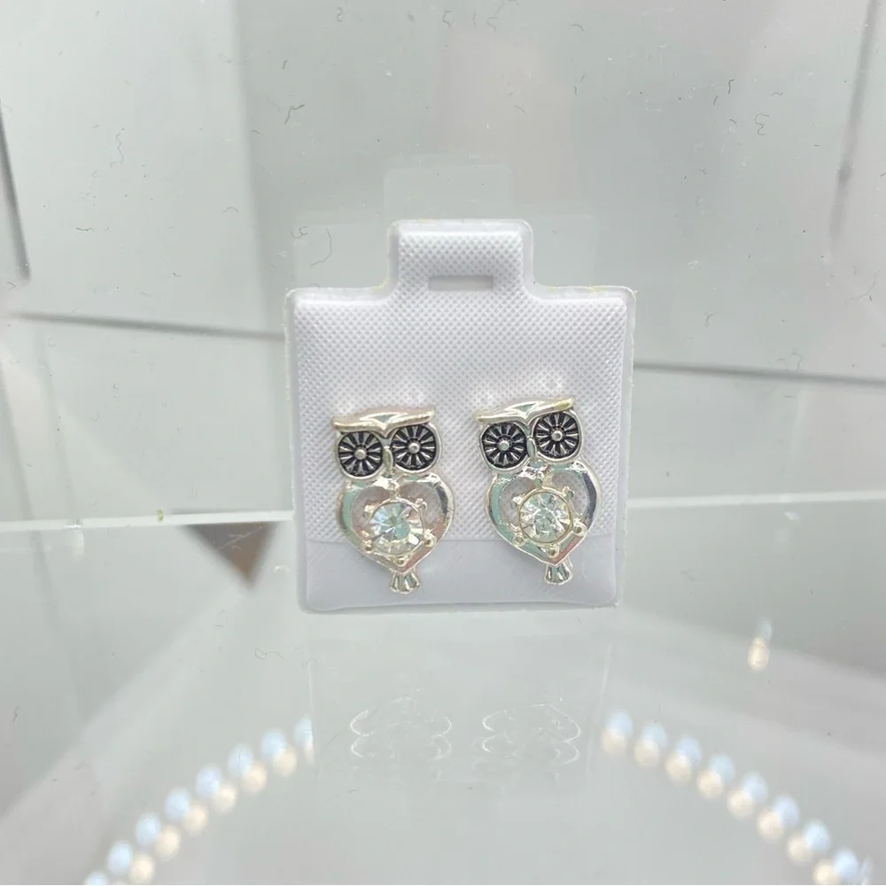 Butterfly/ Elephant/ Owl Silver-Tone & Rhinestone Stud Pierced Earrings Set of 3
